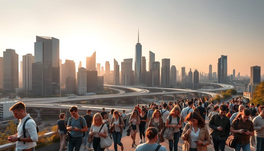 A bustling city skyline with modern high-rise buildings, criss-crossed by futuristic transportation networks. In the foreground, people from all walks of life go about their daily routines, using blockchain technology seamlessly integrated into their smartphones, digital wallets, and smart home devices. Warm afternoon sunlight casts a soft glow, highlighting the efficient, frictionless nature of these everyday blockchain applications - secure payments, decentralized identity management, transparent supply chain tracking, and automated contract execution. The scene conveys a sense of technological progress harmoniously blending with the rhythms of daily life, showcasing the potential of blockchain to enhance the human experience in practical, unobtrusive ways.