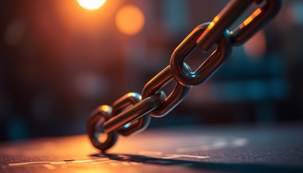 A close-up view of a mechanical blockchain chain structure, illuminated by a warm, soft light. The links of the chain are intricately detailed, with each block clearly visible and connected to the next. The chain is positioned in the foreground, drawing the viewer's attention to its intricate design and symbolism. The middle ground features a blurred, ethereal background, creating a sense of depth and focus on the central chain. The lighting casts subtle shadows, adding depth and dimension to the structure. The overall mood is one of technical precision and elegance, reflecting the underlying complexity and importance of the blockchain technology.