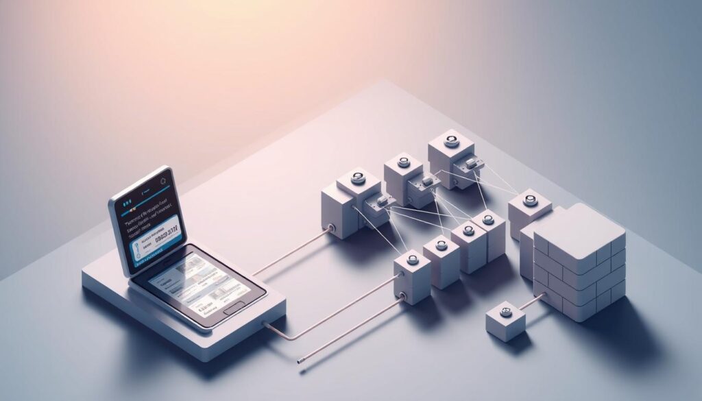 A detailed, technical illustration of the blockchain transaction process. A three-dimensional, isometric view showcasing the step-by-step flow of a single transaction. In the foreground, a user device initiates a transaction, with a clear visualization of the encrypted data packet. In the middle ground, the transaction is broadcast to the decentralized network of nodes, each node verifying the transaction. In the background, the validated transaction is added to the distributed ledger, the blockchain, with a visual representation of the growing chain of blocks. The scene is rendered with a clean, minimalist aesthetic, using a cool color palette and muted tones to convey the technological nature of the process. Bright highlights and subtle shadows add depth and clarity to the various components.