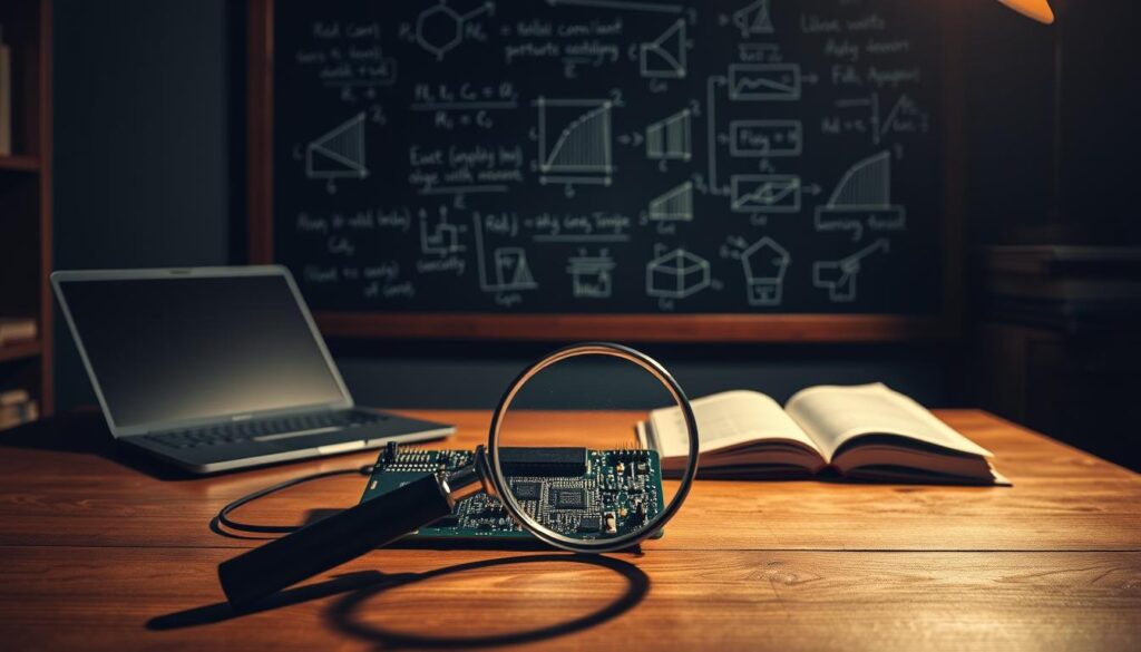 A dimly lit room with a wooden desk, an open laptop, and a stack of books. On the desk, a magnifying glass hovers over a circuit board, examining its intricate components. In the background, a chalkboard displays complex mathematical equations and diagrams, debunking the myths surrounding blockchain security. The lighting is warm and shadows cast a pensive mood, inviting the viewer to delve deeper into the nuances of blockchain technology. The overall scene conveys a sense of intellectual exploration and critical analysis, challenging the common misconceptions about the security of blockchain systems.