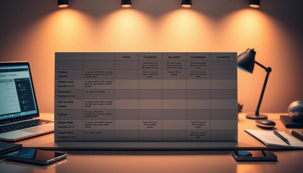 A highly detailed, technical comparison table with clean, minimalist design showcasing the key characteristics of public, private, and consortium blockchains. The table should be displayed on a sleek, modern desktop setup with a laptop, smartphone, and other office accessories in the background, illuminated by warm, directional lighting that creates depth and highlights the materials. The overall mood should be professional, informative, and visually striking to capture the audience's attention.