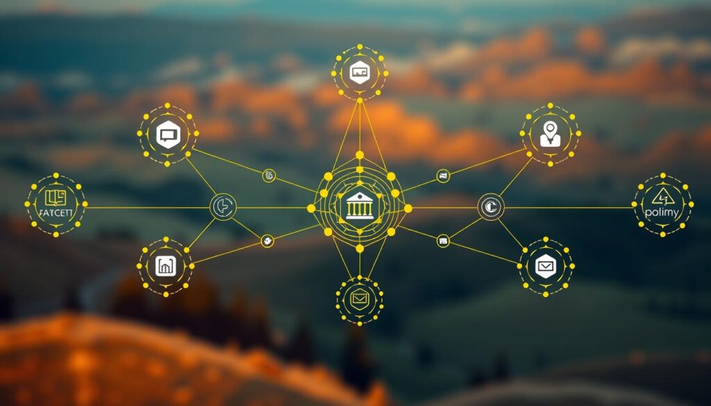 A meticulously designed consortium ledger collaboration diagram, illuminated by warm, diffused lighting and captured through a wide-angle lens. In the foreground, a network of interconnected nodes represents the participating organizations, each with distinct icons and colors. The middle ground showcases the shared distributed ledger, its intricate blockchain-based architecture seamlessly linking the diverse entities. In the background, a softly blurred landscape suggests the wider ecosystem in which this collaborative effort is situated, hinting at the broader implications and impact of this consortium-based approach.