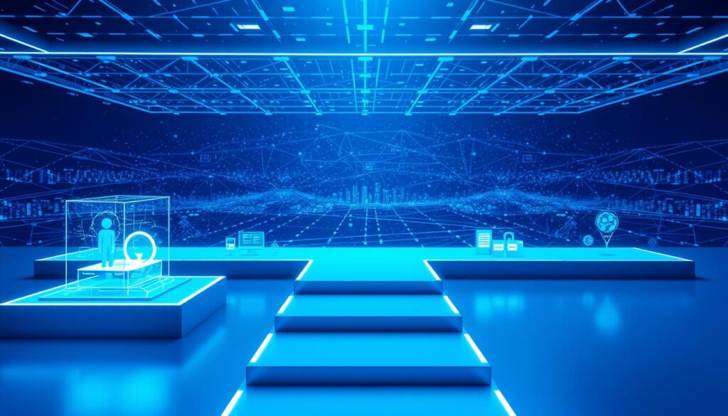 A sleek, futuristic learning path for enterprise blockchain, illuminated by soft blue lighting and rendered in a minimalist, high-tech style. The path consists of stepping stones or platforms, each representing a key stage or milestone in the blockchain learning journey. The foreground features a 3D holographic display showcasing blockchain concepts and technologies. The middle ground shows various learning resources such as tutorials, whitepapers, and interactive simulations. The background has a backdrop of a vast, networked blockchain infrastructure, giving a sense of the scale and complexity of the technology. The overall atmosphere is one of innovation, exploration, and a clear roadmap for mastering enterprise blockchain.