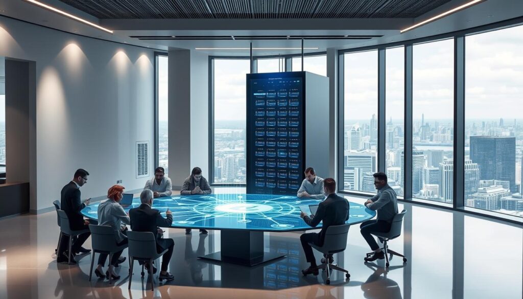A sleek, modern office interior with an emphasis on enterprise technology. In the foreground, a group of professionals gathered around a large conference table, examining a holographic display depicting a private blockchain network. Soft, diffused lighting illuminates the scene, creating a sense of professionalism and innovation. The middle ground features a towering server rack, its LED indicators pulsing with activity, symbolizing the secure and distributed nature of the private blockchain infrastructure. In the background, floor-to-ceiling windows offer a panoramic view of a bustling cityscape, reinforcing the enterprise-level scale of the private blockchain deployment.