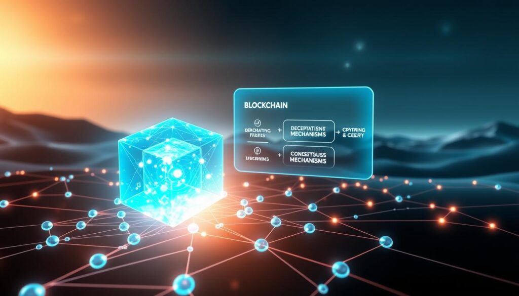 A visually striking schematic illustration depicting the core components of blockchain technology. In the foreground, a crystalline network of interconnected nodes, each representing a transaction or data block, glows with a warm, azure hue. The middle ground features a holographic display showcasing key blockchain principles, such as decentralization, cryptography, and consensus mechanisms, all rendered in a clean, minimalist style. The background is a sleek, futuristic landscape, bathed in a soft, diffused light that creates an atmosphere of technological sophistication and innovation. The overall composition conveys a sense of depth, dynamism, and the fundamental workings of this transformative digital infrastructure.