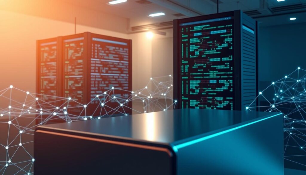 Decentralized storage blockchain, a digital ledger etched in code, its blocks chained together, secured by cryptography. In the foreground, a sleek, streamlined data server, its surfaces reflecting the complex interplay of nodes and networks. Surrounding it, a dynamic landscape of geometric shapes and lines, representing the distributed, tamper-resistant nature of this revolutionary technology. Soft, ambient lighting casts a warm glow, evoking a sense of trust and transparency. The camera angle is slightly elevated, allowing the viewer to take in the entire scene, a visual metaphor for the decentralized, open-source philosophy at the heart of blockchain. The overall mood is one of innovation, efficiency, and the promise of a more secure, equitable digital future.