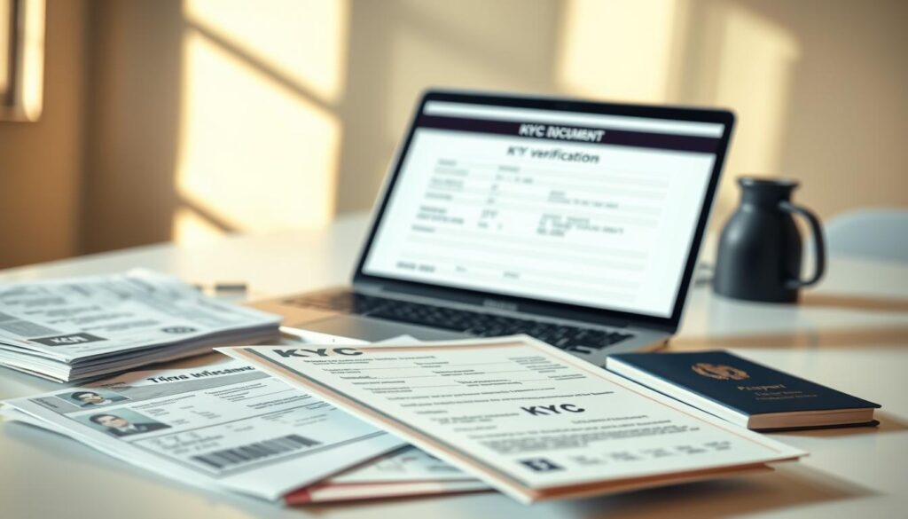 A close-up, high-resolution, detailed view of a KYC (Know Your Customer) crypto verification document checklist. The checklist is displayed on a clean, minimalist desk or surface, with a warm, natural lighting that casts soft shadows. The foreground showcases various identification documents such as a passport, driver's license, and utility bills, neatly arranged in an organized manner. The middle ground features a laptop or tablet displaying a KYC verification form, with placeholders for the required information. The background is blurred, providing a focus on the essential elements of the KYC process. The overall atmosphere conveys a sense of professionalism, security, and attention to detail, suitable for illustrating the "Registration & KYC: What You Need" section of the article. A close-up, high-resolution, detailed view of a KYC (Know Your Customer) crypto verification document checklist. The checklist is displayed on a clean, minimalist desk or surface, with a warm, natural lighting that casts soft shadows. The foreground showcases various identification documents such as a passport, driver's license, and utility bills, neatly arranged in an organized manner. The middle ground features a laptop or tablet displaying a KYC verification form, with placeholders for the required information. The background is blurred, providing a focus on the essential elements of the KYC process. The overall atmosphere conveys a sense of professionalism, security, and attention to detail, suitable for illustrating the "Registration & KYC: What You Need" section of the article.