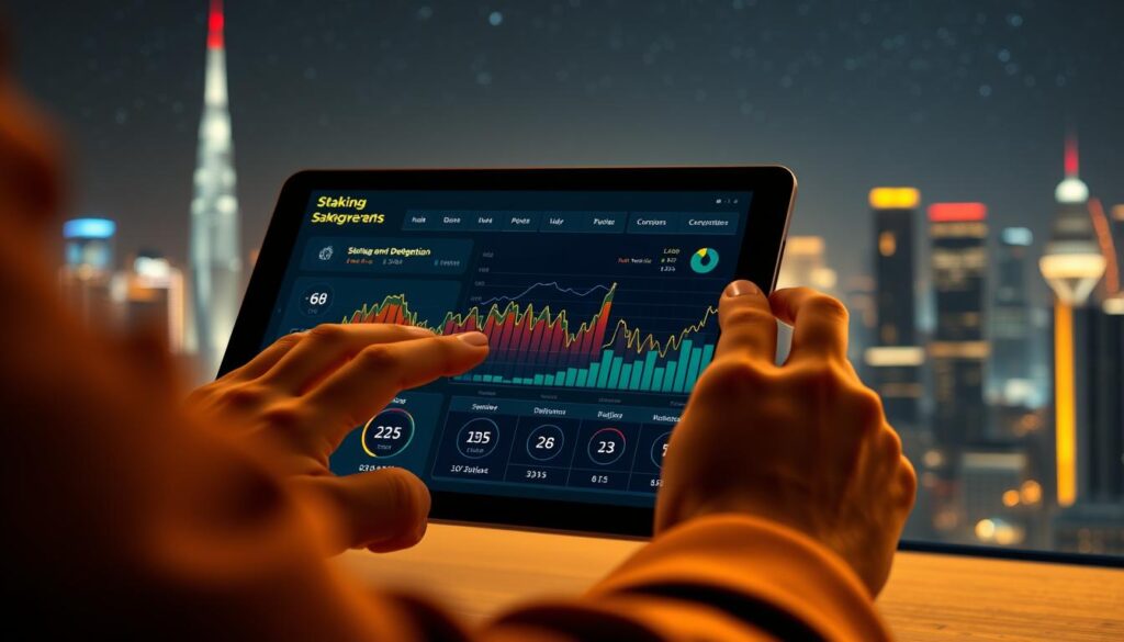 A close-up view of a person's hands carefully interacting with a digital cryptocurrency staking interface on a tablet. The screen displays colorful graphs, charts, and statistics related to staking rewards and delegation. In the background, a futuristic city skyline with glowing skyscrapers and a starry night sky create a sense of innovation and technological advancement. Warm lighting casts a soft glow, emphasizing the precision and focus of the staking process. The overall mood is one of financial empowerment, technological progress, and the seamless integration of cryptocurrency into everyday life.