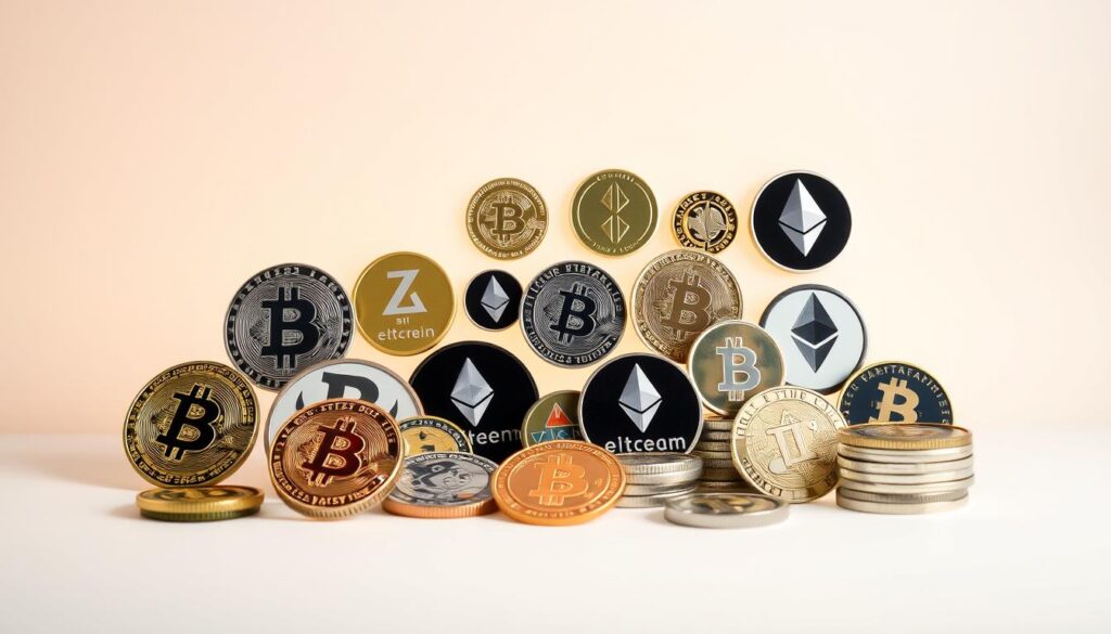 A diversified crypto investment portfolio with various digital assets, including Bitcoin, Ethereum, and altcoins, set against a serene, minimalist background. The assets are displayed in a clean, organized grid, conveying a sense of balance and intentionality. Soft, warm lighting illuminates the scene, creating a calming, professional atmosphere. The overall composition suggests a thoughtful, strategic approach to building a well-rounded crypto investment strategy for a beginner.