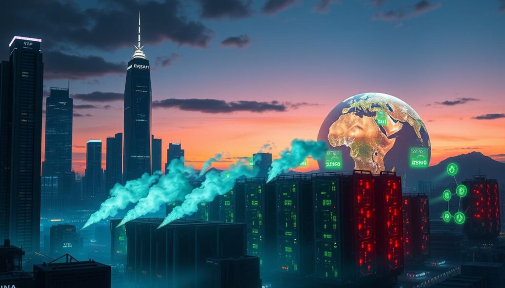A futuristic cityscape at twilight, with towering skyscrapers and a prominent cryptocurrency exchange building in the foreground. In the middle ground, a series of mining rigs emitting plumes of digital code and energy, juxtaposed against environmental regulations and policies displayed on holographic screens. In the background, a looming, stylized representation of the Earth, with glowing green and red nodes signifying the complex interplay between cryptocurrency, energy consumption, and global environmental impact. Dramatic lighting and a moody, cinematic atmosphere evoke the sense of urgency and the need for balancing innovation and sustainability.