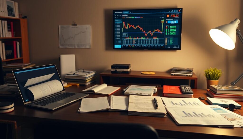 A neatly organized desk with a laptop, notebook, and various research materials like books, graphs, and charts spread out. The lighting is warm and focused, creating a studious atmosphere. In the background, a wall-mounted monitor displays relevant cryptocurrency data and analysis. The scene conveys a sense of diligent research and careful consideration of investment options, reflecting the "Step 2: Research Before You Buy" section of the article.