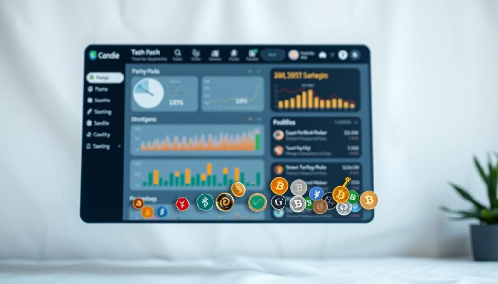 A neatly organized personal finance dashboard floats against a soft, blurred background. In the foreground, a variety of colorful cryptocurrency icons and symbols are arranged in a balanced, visually appealing layout. The dashboard displays clear, easy-to-understand budgeting metrics and strategies, with intuitive graphs and charts. The lighting is soft and diffused, creating a calming, analytical atmosphere. The camera angle is slightly elevated, giving a sense of clarity and control over one's crypto investments. Overall, the image conveys a sense of financial organization, strategic planning, and confident decision-making.