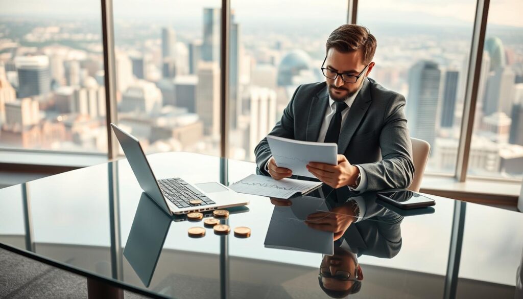 A professional investor examining various cryptocurrency investment strategies on a sleek glass desk, with a laptop, smartphone, and financial charts in the foreground. The middle ground features a clean, modern office environment with large windows overlooking a bustling city skyline. The background is softly blurred, creating a sense of depth and focus on the investment decision-making process. The lighting is warm and directional, creating subtle shadows and highlights that accentuate the scene's sense of professionalism and expertise.