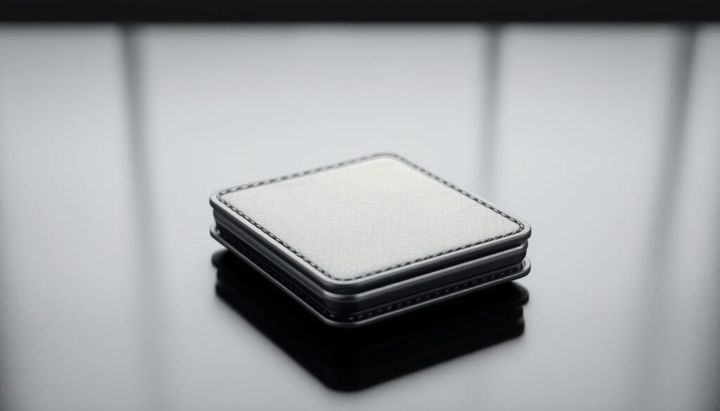 A secure crypto wallet displayed on a sleek black table, casting a subtle reflection. The wallet is rendered in shades of silver and gray, its surface reflecting a diffused, soft lighting. The background is a clean, minimalist environment, emphasizing the wallet's streamlined design and security features. The scene conveys a sense of confidence, reliability, and the importance of properly storing and protecting digital assets. The camera angle is slightly elevated, giving a sense of solidity and stability to the wallet.
