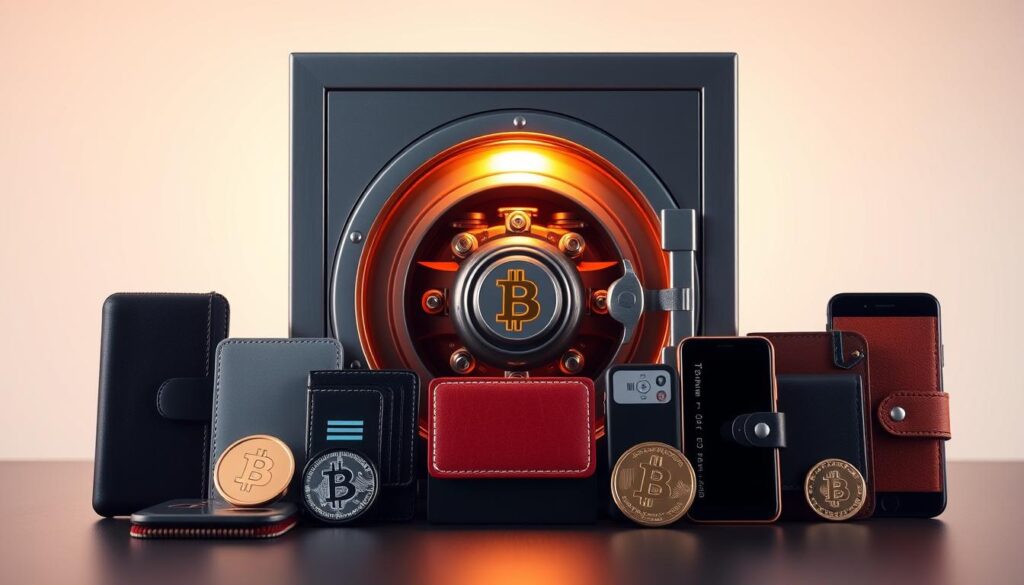 A secure digital vault with various cryptocurrency wallets arranged in a clean, minimalist layout. The wallets, including hardware, software, and mobile options, are displayed side-by-side, showcasing their distinct designs and features. Soft, warm lighting illuminates the scene, creating a sense of trust and reliability. The background is a subtle gradient, allowing the wallets to take center stage. The composition is balanced, with each wallet positioned to invite close inspection and comparison. The overall atmosphere conveys a sense of security, emphasizing the importance of properly storing digital assets.