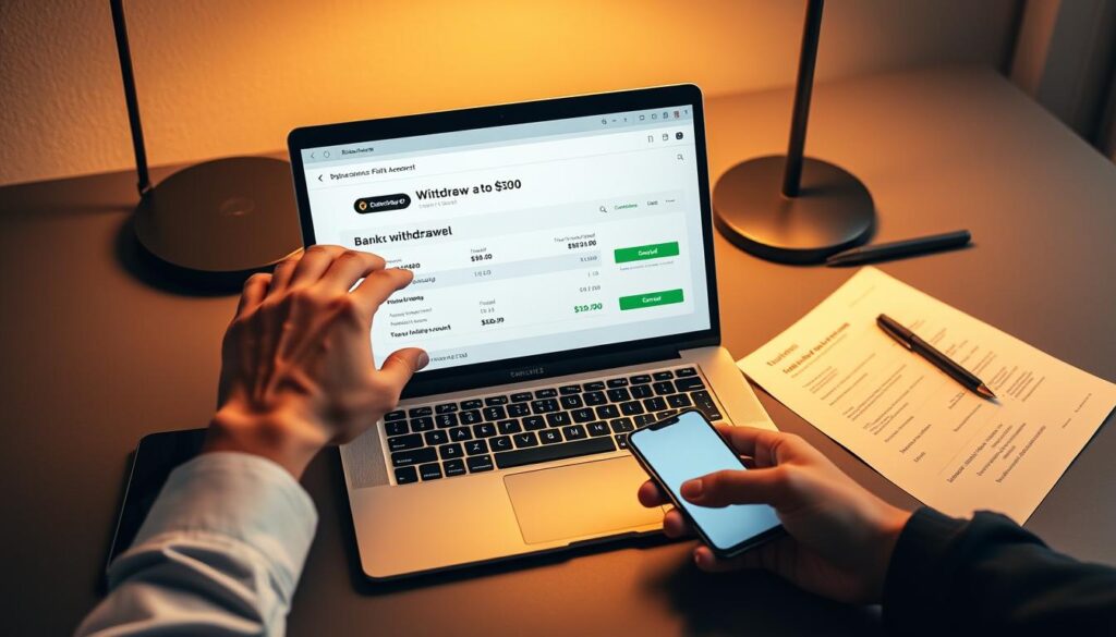 A sleek, modern desktop setup with a laptop, smartphone, and financial documents. A hand is reaching towards the laptop, navigating a cryptocurrency exchange platform to initiate a withdrawal to a connected bank account. The transaction is displayed on the laptop screen, conveying the process of converting digital assets into fiat currency. Soft, warm lighting illuminates the scene, creating a sense of confidence and control. The overall atmosphere is one of a seamless, secure financial transaction in a professional, streamlined environment. A sleek, modern desktop setup with a laptop, smartphone, and financial documents. A hand is reaching towards the laptop, navigating a cryptocurrency exchange platform to initiate a withdrawal to a connected bank account. The transaction is displayed on the laptop screen, conveying the process of converting digital assets into fiat currency. Soft, warm lighting illuminates the scene, creating a sense of confidence and control. The overall atmosphere is one of a seamless, secure financial transaction in a professional, streamlined environment.