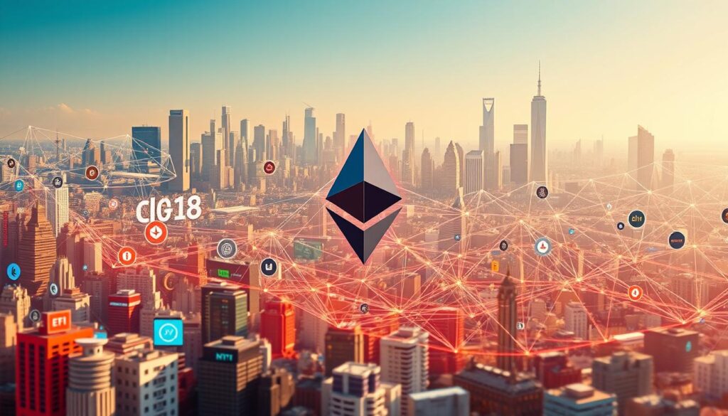 A vibrant, high-resolution rendering of the Ethereum cryptocurrency ecosystem. In the foreground, a diverse array of DeFi applications, NFT platforms, and decentralized exchanges are prominently displayed, their logos and interfaces clearly visible. In the middle ground, the Ethereum blockchain network is depicted as a complex, interconnected mesh of nodes and transactions, pulsing with activity. In the background, a cityscape of skyscrapers and futuristic architecture symbolizes the real-world integration and impact of Ethereum's decentralized ecosystem. The scene is illuminated by a warm, natural lighting that casts a sense of energy and dynamism, capturing the rapid growth and innovation within the Ethereum space.