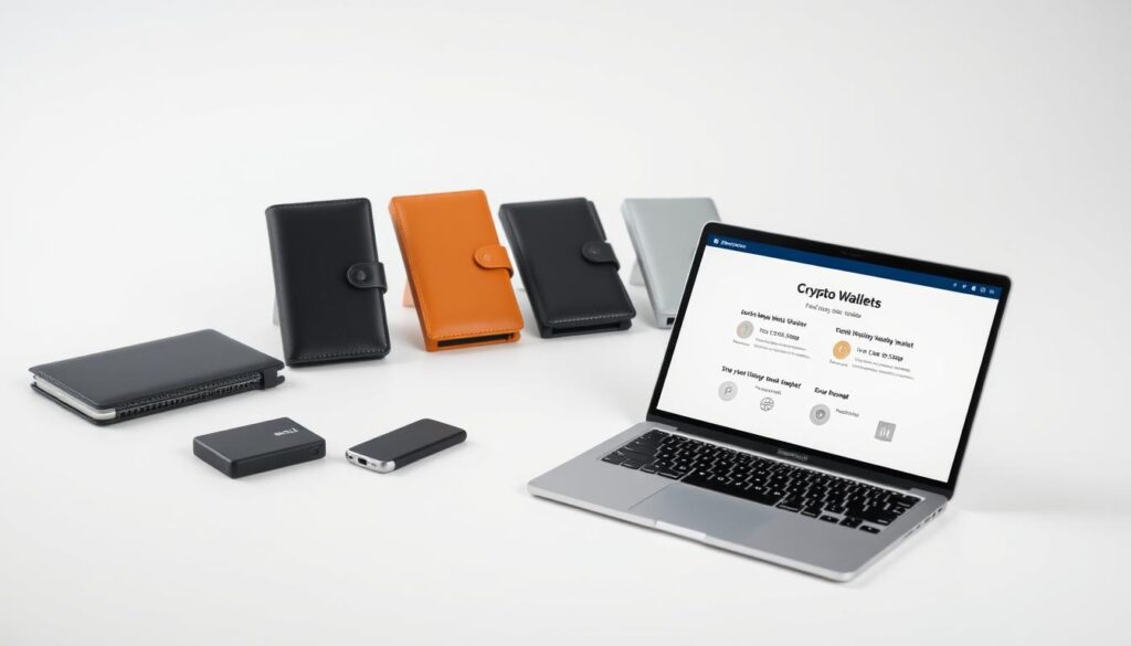 a professional, high-quality, close-up, well-lit, studio photograph of multiple cryptocurrency hardware wallets arranged neatly on a clean, minimalist, white table or surface, with a laptop or tablet displaying a step-by-step setup guide for the wallets in the foreground, creating a sense of a comprehensive, informative, and visually appealing crypto wallet setup guide
