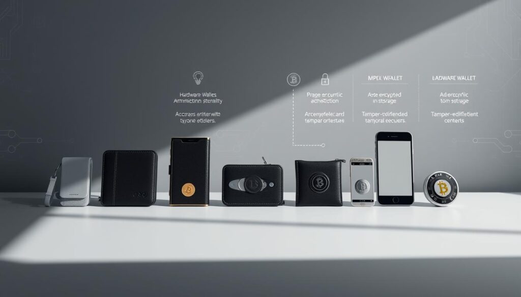 A highly detailed, photorealistic illustration of a comparison between different cryptocurrency wallet security options. In the foreground, a selection of hardware wallets, software wallets, and mobile wallets are displayed on a minimalist gray background, casting realistic shadows. The midground showcases various security features like biometric authentication, encrypted storage, and tamper-evident seals. The background depicts a subtle gradient of digital patterns and blockchain-inspired elements, creating a sense of technological sophistication. The lighting is natural and diffused, highlighting the sleek designs and premium materials of the wallet devices. The overall composition conveys a sense of trust, reliability, and the importance of secure cryptocurrency storage.