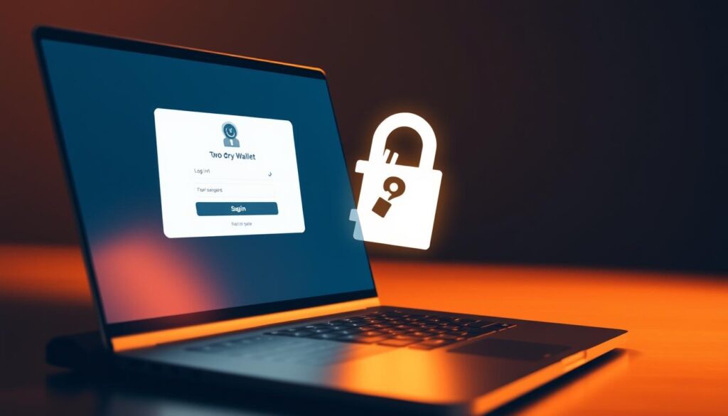 A secure cryptocurrency wallet with a digital lock and two-factor authentication overlay. In the foreground, a laptop screen displays a two-step login process, casting a soft glow. The middle ground features a stylized cryptocurrency symbol, symbolizing the importance of security in digital asset management. The background depicts a minimalist, low-key environment with subtle textures, creating a sense of focus and professionalism. Warm lighting from the sides illuminates the scene, conveying a sense of trust and reliability. The overall mood is one of digital safety and robust security measures for cryptocurrency transactions.