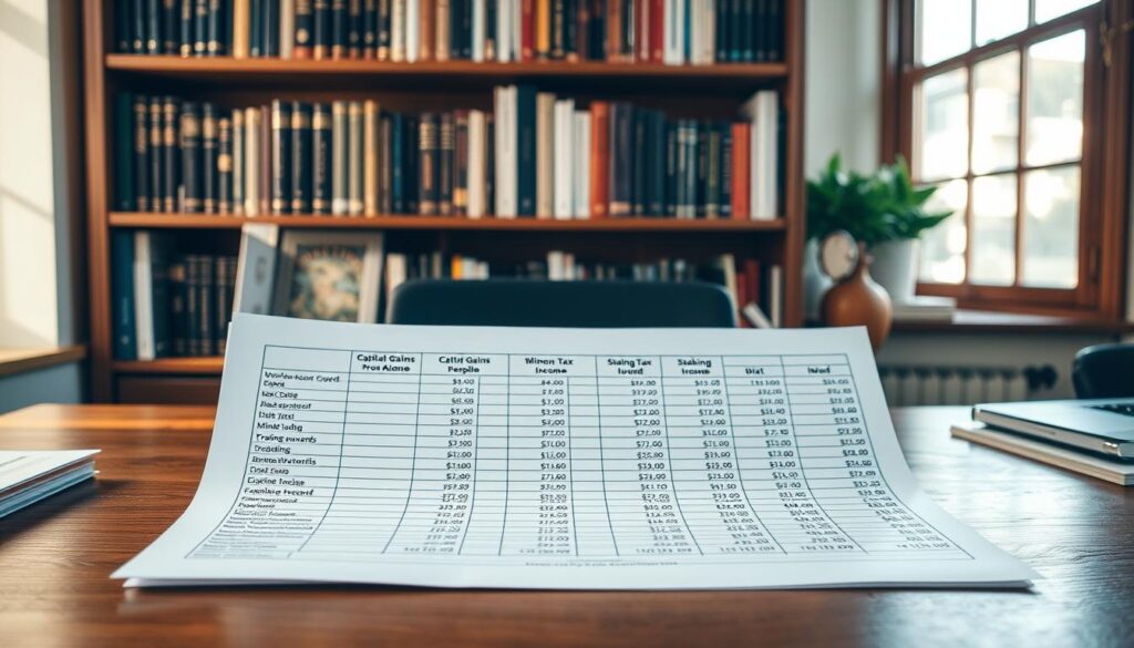 A neatly organized spreadsheet showcasing various crypto tax examples, such as capital gains from trading, mining rewards, and staking income. The spreadsheet is displayed on a wooden desk, illuminated by a warm, natural light filtering through a nearby window. In the background, a bookshelf filled with financial and tax-related literature creates a professional, authoritative atmosphere. The overall scene conveys a sense of clarity, attention to detail, and a focus on providing comprehensive tax guidance for crypto enthusiasts.