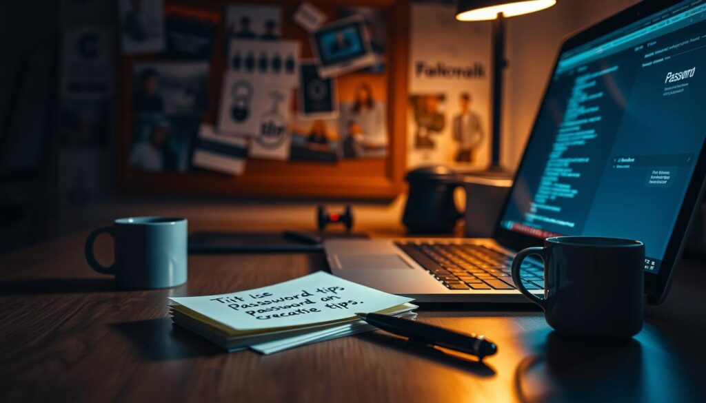 A dimly lit workspace, a laptop screen illuminating the scene. On the desk, a stack of sticky notes with handwritten password tips, alongside a pen and a cup of coffee. In the background, a cork board displays various cybersecurity-themed images, creating an atmosphere of focused productivity. The lighting is soft, with a warm glow emanating from the laptop, casting a subtle shadow on the desk. The overall mood is one of concentration and thoughtful consideration, as the viewer is invited to engage with the practical password creation tips. A dimly lit workspace, a laptop screen illuminating the scene. On the desk, a stack of sticky notes with handwritten password tips, alongside a pen and a cup of coffee. In the background, a cork board displays various cybersecurity-themed images, creating an atmosphere of focused productivity. The lighting is soft, with a warm glow emanating from the laptop, casting a subtle shadow on the desk. The overall mood is one of concentration and thoughtful consideration, as the viewer is invited to engage with the practical password creation tips.