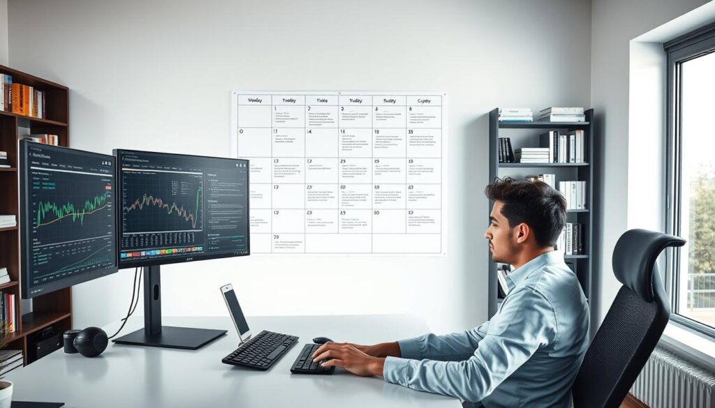 A modern, stylish workspace showcasing a crypto enthusiast's daily routine. In the foreground, a focused individual, dressed in business casual attire, sits at a sleek desk with dual monitors displaying cryptocurrency charts and news feeds. In the middle ground, a large wall calendar outlines a weekly schedule with designated time slots for research, trading, and catching up on crypto news. The background features a minimalistic bookshelf filled with crypto-related books and a large window letting in natural light, creating an inspiring atmosphere. Bright but soft lighting enhances the professional yet relaxed mood, suggesting efficiency and clarity. Angle the shot slightly from above to capture all elements harmoniously.