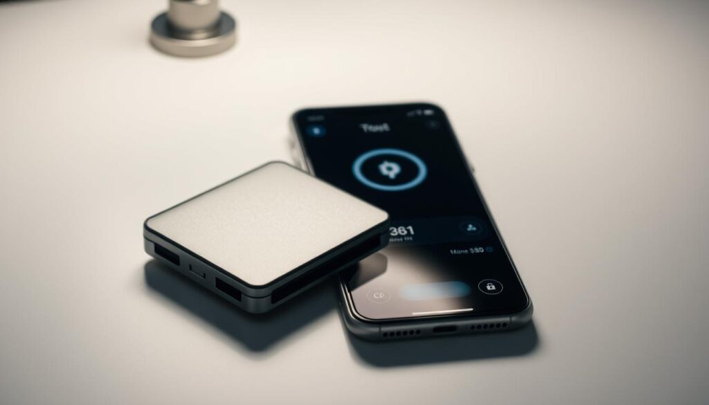 A secure hardware wallet resting on a minimalist desk, illuminated by soft, directional lighting. The wallet's sleek, metallic exterior reflects the crisp, clean lines of the workspace. In the middle ground, a mobile device displays the wallet's user interface, showcasing the process of accessing and managing digital assets. The background is a blurred, muted palette, keeping the focus on the essential security tools. The overall composition conveys a sense of trust, control, and the importance of safeguarding one's digital wealth.