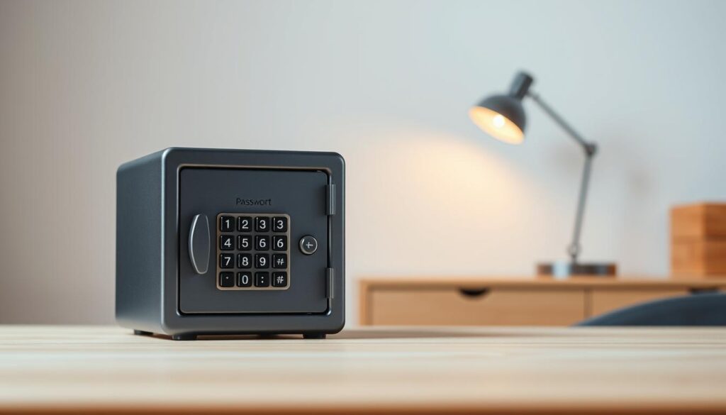 A secure, well-designed storage device showcased in a clean, minimalist setting. The foreground features a sleek, metal password safe with a numeric keypad and discreet LED indicators. The middle ground shows the safe resting on a modern, wooden desk with a simple, elegant lamp providing warm, directional lighting. The background blurs into a softly lit, neutral-toned wall, creating a sense of focus and simplicity. The overall composition conveys a feeling of safety, privacy, and attention to detail - essential qualities for properly safeguarding sensitive cryptocurrency passwords and account information. A secure, well-designed storage device showcased in a clean, minimalist setting. The foreground features a sleek, metal password safe with a numeric keypad and discreet LED indicators. The middle ground shows the safe resting on a modern, wooden desk with a simple, elegant lamp providing warm, directional lighting. The background blurs into a softly lit, neutral-toned wall, creating a sense of focus and simplicity. The overall composition conveys a feeling of safety, privacy, and attention to detail - essential qualities for properly safeguarding sensitive cryptocurrency passwords and account information.