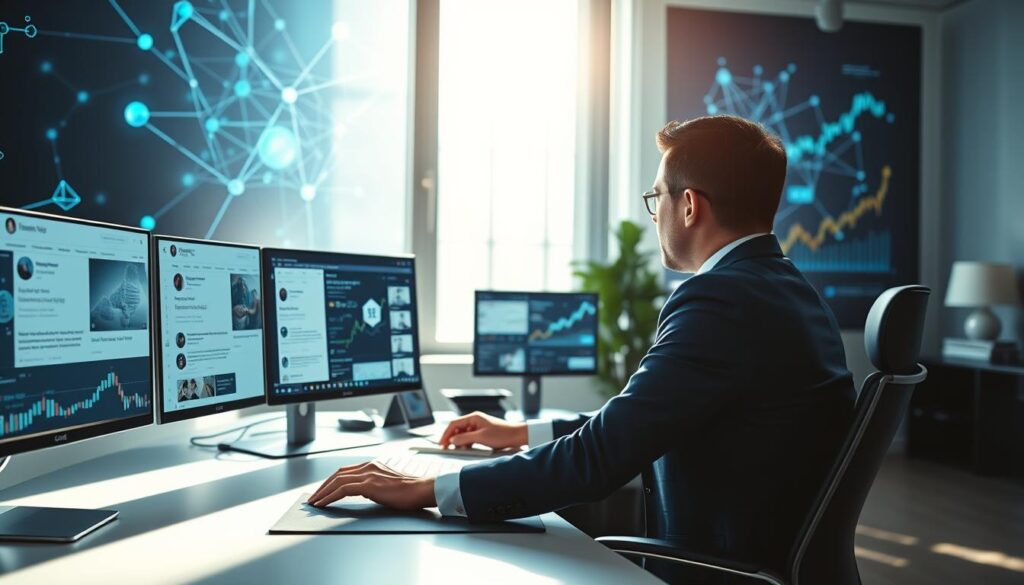 A well-lit, modern office space with a sleek desk in the foreground, where a person dressed in professional business attire is intently analyzing various screens displaying crypto news articles and social media feeds. The background features an abstract digital representation of blockchain networks and fluctuating cryptocurrency graphs, creating a sense of dynamic activity. Soft natural light streams in from a window, enhancing a mood of focus and determination. The colors are a blend of cool blues and greens, with hints of warm tones to create an inviting atmosphere. The overall composition emphasizes the importance of discerning valid information from sponsored content in the crypto space.