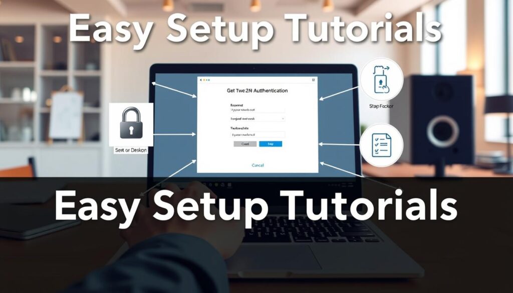 a detailed, step-by-step tutorial for setting up two-factor authentication on a desktop computer, demonstrating the process with clear, realistic visuals. The foreground shows a person's hands interacting with a laptop, the screen displaying the 2FA setup interface. The middle ground features various security icons and UI elements. The background is a clean, minimalist office setting with warm lighting, creating a professional, educational atmosphere. The composition emphasizes simplicity and ease of use, reflecting the "Easy Setup Tutorials" theme.