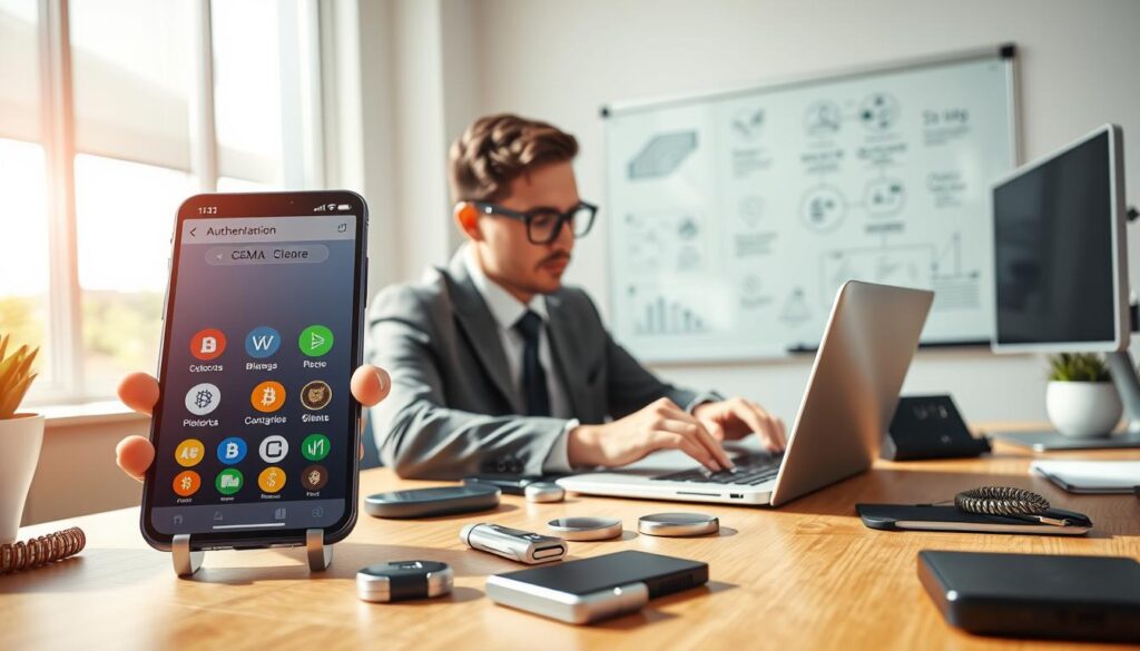 A modern workspace scene showcasing SIM swap protection through authenticator apps. In the foreground, a close-up of a smartphone displaying an authenticator app interface with colorful icons for various cryptocurrencies. In the middle ground, a focused individual in professional business attire is attentively typing on a laptop, surrounded by secure tech gadgets like a hardware wallet and security tokens. In the background, a digital whiteboard displays flowcharts and infographics about two-factor authentication (2FA) methods. The lighting is bright and natural, creating an inviting atmosphere. The angle is slightly above eye level, providing a clear overview of the workspace. The overall mood conveys diligence, security, and sophistication, emphasizing the importance of protecting crypto assets. A modern workspace scene showcasing SIM swap protection through authenticator apps. In the foreground, a close-up of a smartphone displaying an authenticator app interface with colorful icons for various cryptocurrencies. In the middle ground, a focused individual in professional business attire is attentively typing on a laptop, surrounded by secure tech gadgets like a hardware wallet and security tokens. In the background, a digital whiteboard displays flowcharts and infographics about two-factor authentication (2FA) methods. The lighting is bright and natural, creating an inviting atmosphere. The angle is slightly above eye level, providing a clear overview of the workspace. The overall mood conveys diligence, security, and sophistication, emphasizing the importance of protecting crypto assets.
