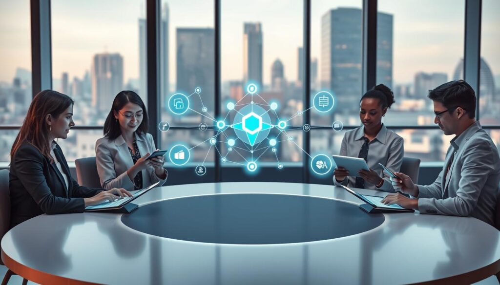 A balanced analysis of blockchain benefits and limitations illustrated visually. In the foreground, a modern, round table with diverse professional individuals dressed in business attire, engaged in discussion, examining digital graphs and charts on sleek tablets. In the middle, an abstract representation of blockchain technology, symbolized by interconnected nodes and chains, with glowing lines demonstrating cost and speed advantages. On one side, icons representing benefits like low costs, speed, and transparency; on the opposite side, icons for limitations, such as regulatory hurdles and scalability issues. The background features a softly lit office environment, with tall windows revealing a city skyline, conveying a sense of innovation and progress. The mood is analytical and forward-thinking, with a cool color palette of blues and greens.