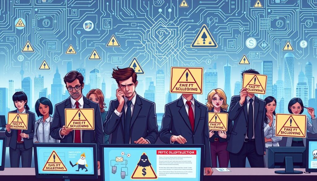 A digital art composition illustrating the concept of identifying fake NFT collections and digital collectibles scams. In the foreground, a diverse group of professional individuals in business attire examine various digital screens displaying suspicious NFT artworks with exaggerated, cartoonish warning signs. In the middle ground, a cryptographic blockchain diagram and various digital currency icons suggest a tech-savvy environment. The background features an abstract representation of a cityscape made up of circuit patterns and ethereal digital elements, creating a sense of a futuristic atmosphere. Soft lighting enhances the colors, with a focus on cool blues and purples to evoke a sense of caution and alertness. Use a wide-angle perspective to capture the depth of the scene, emphasizing the urgency in the characters' expressions as they navigate a world filled with potential digital hazards. A digital art composition illustrating the concept of identifying fake NFT collections and digital collectibles scams. In the foreground, a diverse group of professional individuals in business attire examine various digital screens displaying suspicious NFT artworks with exaggerated, cartoonish warning signs. In the middle ground, a cryptographic blockchain diagram and various digital currency icons suggest a tech-savvy environment. The background features an abstract representation of a cityscape made up of circuit patterns and ethereal digital elements, creating a sense of a futuristic atmosphere. Soft lighting enhances the colors, with a focus on cool blues and purples to evoke a sense of caution and alertness. Use a wide-angle perspective to capture the depth of the scene, emphasizing the urgency in the characters' expressions as they navigate a world filled with potential digital hazards.