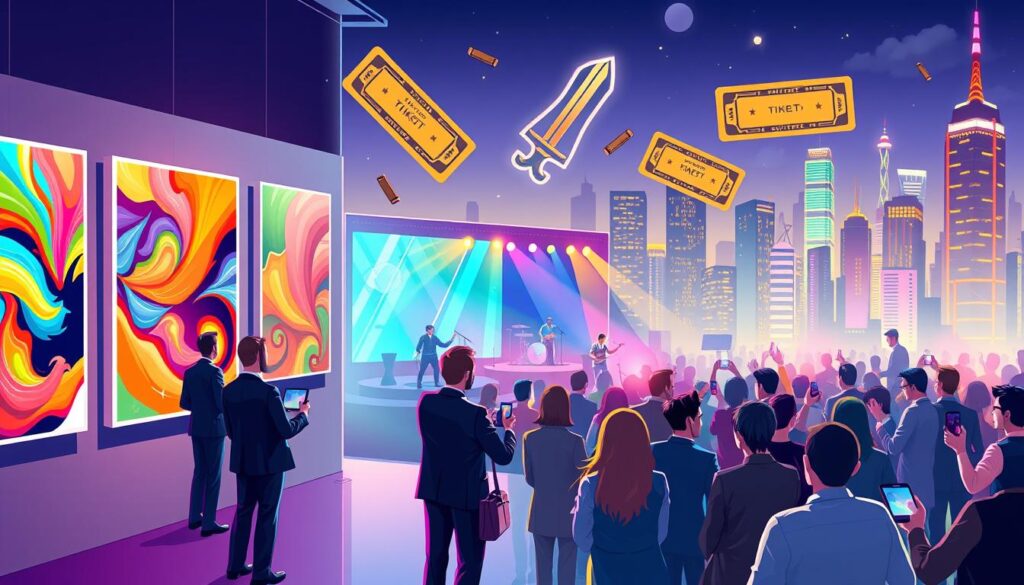 A vibrant and engaging illustration showcasing the popular uses of NFTs. In the foreground, depict a stylized digital art gallery featuring colorful, dynamic art pieces on virtual canvases, with people admiring them, wearing professional business attire. In the middle, showcase a digital concert scene with musicians performing, with a glowing audience using their devices to capture the moment. Include symbols of gaming items, like virtual swords and skins, interspersed with event tickets representing exclusive access to experiences. In the background, create a city skyline infused with a futuristic aesthetic, illuminated by soft neon lights. The atmosphere should be lively and inspiring, hinting at the innovation and excitement surrounding NFTs, with a focus on creativity and community. Use bright lighting to highlight the vibrancy of the scenes while maintaining a sharp focus. A vibrant and engaging illustration showcasing the popular uses of NFTs. In the foreground, depict a stylized digital art gallery featuring colorful, dynamic art pieces on virtual canvases, with people admiring them, wearing professional business attire. In the middle, showcase a digital concert scene with musicians performing, with a glowing audience using their devices to capture the moment. Include symbols of gaming items, like virtual swords and skins, interspersed with event tickets representing exclusive access to experiences. In the background, create a city skyline infused with a futuristic aesthetic, illuminated by soft neon lights. The atmosphere should be lively and inspiring, hinting at the innovation and excitement surrounding NFTs, with a focus on creativity and community. Use bright lighting to highlight the vibrancy of the scenes while maintaining a sharp focus.