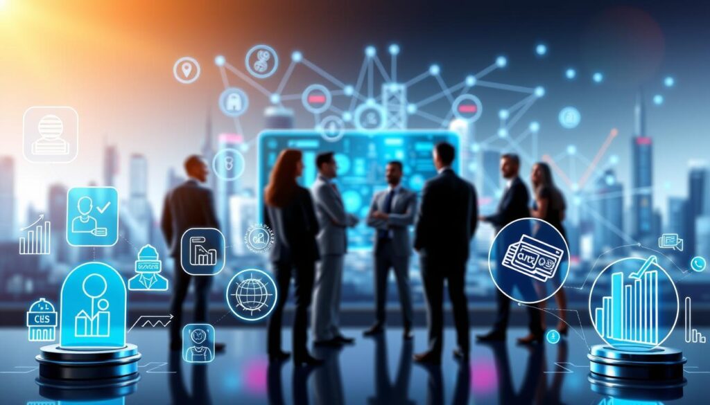 A visually engaging and informative depiction of various blockchain use cases, arranged in a dynamic, interactive layout. In the foreground, showcase distinct digital icons representing identity verification, supply chain transparency, and ticketing systems, crafted with a modern and sleek design. The middle ground features stylized illustrations of professional individuals in business attire engaged in discussions around a digital display showcasing blockchain technology. The background consists of an abstract cityscape with interconnected networks and vibrant graphs symbolizing data flow and security. Use bright, futuristic lighting to create a sense of innovation and trust, with a slight depth of field to emphasize the foreground elements. Capture a collaborative and forward-thinking atmosphere, emphasizing the real-world impact of blockchain technology.