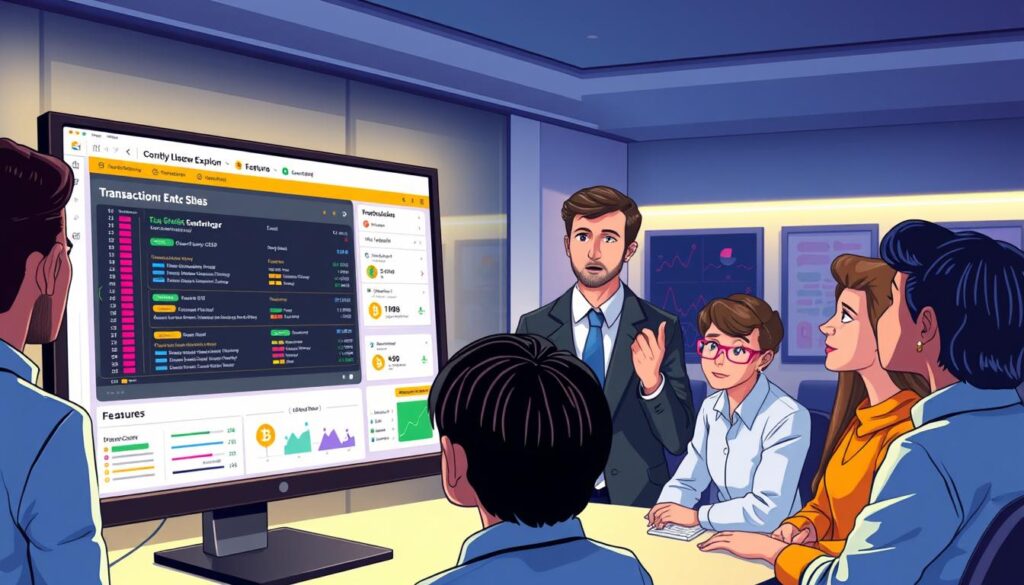 A detailed and vibrant digital illustration depicting a block explorer walkthrough tutorial. In the foreground, a computer screen displays a dynamic and colorful block explorer interface with highlighted blocks, transaction details, and charts. In the middle ground, a professional individual, dressed in business attire, is engaged in explaining the features of the block explorer to a small group of diverse, attentive viewers, who reflect curiosity. The background features a modern office setting with sleek design elements and blockchain-themed artwork on the walls. Soft, ambient lighting illuminates the scene, with a slight focus on the screen, creating a professional and educational atmosphere. The overall mood conveys clarity and engagement in the world of blockchain technology. A detailed and vibrant digital illustration depicting a block explorer walkthrough tutorial. In the foreground, a computer screen displays a dynamic and colorful block explorer interface with highlighted blocks, transaction details, and charts. In the middle ground, a professional individual, dressed in business attire, is engaged in explaining the features of the block explorer to a small group of diverse, attentive viewers, who reflect curiosity. The background features a modern office setting with sleek design elements and blockchain-themed artwork on the walls. Soft, ambient lighting illuminates the scene, with a slight focus on the screen, creating a professional and educational atmosphere. The overall mood conveys clarity and engagement in the world of blockchain technology.