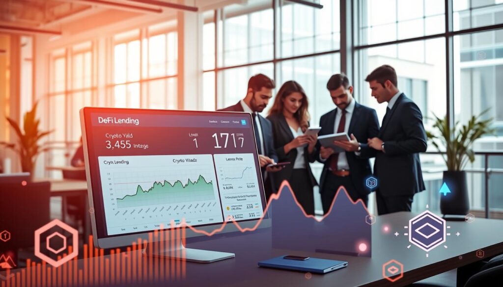 A vibrant digital workspace showcasing a DeFi lending platform interface on a sleek computer screen, with graphs depicting crypto yields and interest rates populating the foreground. In the middle ground, a diverse group of professionals dressed in smart business attire engages in discussion, analyzing data and collaborating over tablets and laptops. The background features a modern office environment with large windows letting in natural light, creating an inspiring atmosphere. Subtle hints of cryptocurrency symbols and blockchain graphics are interwoven throughout the scene, enhancing the thematic depth. Soft, ambient lighting casts an optimistic glow, emphasizing innovation and growth in the decentralized finance sector, while capturing the essence of lending and borrowing in a user-friendly context. A vibrant digital workspace showcasing a DeFi lending platform interface on a sleek computer screen, with graphs depicting crypto yields and interest rates populating the foreground. In the middle ground, a diverse group of professionals dressed in smart business attire engages in discussion, analyzing data and collaborating over tablets and laptops. The background features a modern office environment with large windows letting in natural light, creating an inspiring atmosphere. Subtle hints of cryptocurrency symbols and blockchain graphics are interwoven throughout the scene, enhancing the thematic depth. Soft, ambient lighting casts an optimistic glow, emphasizing innovation and growth in the decentralized finance sector, while capturing the essence of lending and borrowing in a user-friendly context.