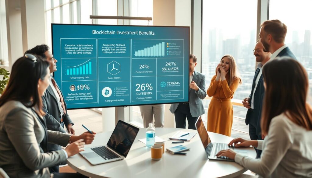A vibrant, modern office environment filled with diverse professionals in business attire, energetically discussing blockchain investment benefits. In the foreground, a large interactive screen displays clear graphs and icons representing key concepts like censorship resistance, transparent supply chains, 24/7 settlements, and counterparty risks. The middle ground features a round table with laptops, notepads, and blockchain-related visuals. In the background, windows reveal a city skyline, symbolizing growth and innovation. Soft, natural sunlight filters in, creating a warm and inviting atmosphere. The focus is sharp, capturing the enthusiasm and collaboration among the group, while maintaining a fresh, contemporary feel in the overall image composition. A vibrant, modern office environment filled with diverse professionals in business attire, energetically discussing blockchain investment benefits. In the foreground, a large interactive screen displays clear graphs and icons representing key concepts like censorship resistance, transparent supply chains, 24/7 settlements, and counterparty risks. The middle ground features a round table with laptops, notepads, and blockchain-related visuals. In the background, windows reveal a city skyline, symbolizing growth and innovation. Soft, natural sunlight filters in, creating a warm and inviting atmosphere. The focus is sharp, capturing the enthusiasm and collaboration among the group, while maintaining a fresh, contemporary feel in the overall image composition.