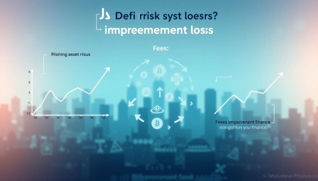 A visually engaging infographic illustrating the basics of DeFi risks and impermanent loss. In the foreground, depict two stylized graphs: one showing rising and falling asset values, and another highlighting fees associated with transactions. The middle ground features an abstract representation of cryptocurrency coins and tokens, with arrows indicating the flow of assets. In the background, incorporate a subtle digital city skyline, symbolizing the online nature of decentralized finance. Use soft lighting to create a modern, tech-inspired atmosphere, with a cool color palette of blues and greens. Aim for a clean, informative design, avoiding clutter, ensuring clarity and focus on the risks of DeFi in a simple, educational format. A visually engaging infographic illustrating the basics of DeFi risks and impermanent loss. In the foreground, depict two stylized graphs: one showing rising and falling asset values, and another highlighting fees associated with transactions. The middle ground features an abstract representation of cryptocurrency coins and tokens, with arrows indicating the flow of assets. In the background, incorporate a subtle digital city skyline, symbolizing the online nature of decentralized finance. Use soft lighting to create a modern, tech-inspired atmosphere, with a cool color palette of blues and greens. Aim for a clean, informative design, avoiding clutter, ensuring clarity and focus on the risks of DeFi in a simple, educational format.