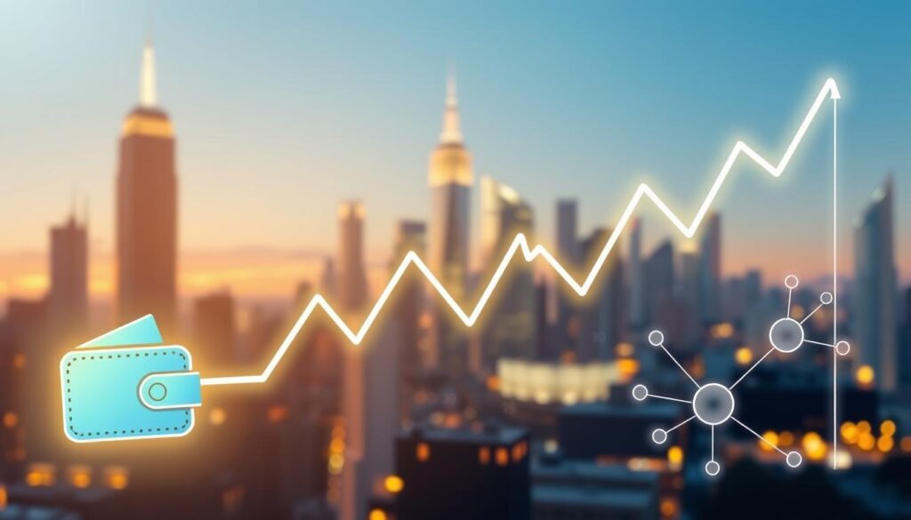 A clear and informative illustration explaining "gas fees" in cryptocurrency transactions. In the foreground, depict a digital wallet icon connected to a fluctuating graph line representing gas fee prices, with varying heights to show volatility. In the middle ground, include abstract representations of blockchain nodes, symbolizing the network and transaction processes, with numerical data displayed visually around them. The background should feature a stylized city skyline, subtly indicating a digital economy, with glowing lights to evoke a tech-savvy atmosphere. Use bright colors to convey energy and innovation, with soft lighting focused on the wallet and graph layers, creating a sense of clarity and insight as the central theme. A clear and informative illustration explaining "gas fees" in cryptocurrency transactions. In the foreground, depict a digital wallet icon connected to a fluctuating graph line representing gas fee prices, with varying heights to show volatility. In the middle ground, include abstract representations of blockchain nodes, symbolizing the network and transaction processes, with numerical data displayed visually around them. The background should feature a stylized city skyline, subtly indicating a digital economy, with glowing lights to evoke a tech-savvy atmosphere. Use bright colors to convey energy and innovation, with soft lighting focused on the wallet and graph layers, creating a sense of clarity and insight as the central theme.