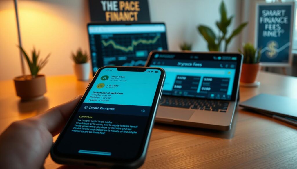 A close-up view of a digital cryptocurrency wallet interface showcasing a small test transaction. In the foreground, display a smartphone with a sleek design, clearly showing a transaction confirmation page with details about crypto fees and receipts, illuminated by soft, warm lighting. In the middle ground, include a subtle depiction of a laptop featuring a cryptocurrency exchange website and charts illustrating fee variations. In the background, a modern, stylish office environment with a desk, potted plants, and a motivational poster about smart finance investment. The overall mood should convey a sense of professionalism and security, highlighting the importance of understanding transaction fees in the world of cryptocurrency. A close-up view of a digital cryptocurrency wallet interface showcasing a small test transaction. In the foreground, display a smartphone with a sleek design, clearly showing a transaction confirmation page with details about crypto fees and receipts, illuminated by soft, warm lighting. In the middle ground, include a subtle depiction of a laptop featuring a cryptocurrency exchange website and charts illustrating fee variations. In the background, a modern, stylish office environment with a desk, potted plants, and a motivational poster about smart finance investment. The overall mood should convey a sense of professionalism and security, highlighting the importance of understanding transaction fees in the world of cryptocurrency.