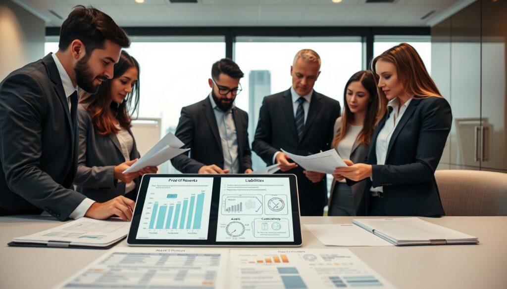 A modern office setting showcasing the Proof of Reserves audit process. In the foreground, a diverse group of four professionals, dressed in business attire, are intensely reviewing financial documents and a digital tablet displaying a balance sheet. The middle ground features a large whiteboard filled with graphs and flowcharts illustrating assets, liabilities, and user verification steps. In the background, a sleek window reveals a city skyline, symbolizing transparency and trust in finance. Soft, diffused lighting creates an atmosphere of focus and collaboration, with a slightly blurred depth of field emphasizing the engaged team at work. A sense of professionalism and security pervades the scene, reinforcing the importance of thorough audits in ensuring exchange safety. A modern office setting showcasing the Proof of Reserves audit process. In the foreground, a diverse group of four professionals, dressed in business attire, are intensely reviewing financial documents and a digital tablet displaying a balance sheet. The middle ground features a large whiteboard filled with graphs and flowcharts illustrating assets, liabilities, and user verification steps. In the background, a sleek window reveals a city skyline, symbolizing transparency and trust in finance. Soft, diffused lighting creates an atmosphere of focus and collaboration, with a slightly blurred depth of field emphasizing the engaged team at work. A sense of professionalism and security pervades the scene, reinforcing the importance of thorough audits in ensuring exchange safety.