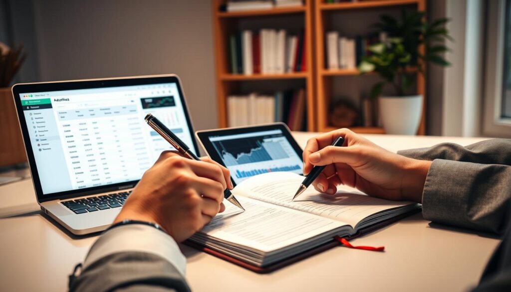 A modern workspace focused on crypto record keeping, featuring a clean desk with a laptop displaying a cryptocurrency tracking app, and a well-organized notebook filled with handwritten notes on transactions. In the foreground, a pair of hands in professional business attire are holding a pen, poised to write down a transaction. In the middle ground, a digital tablet is open showing graphs and charts related to crypto investments. In the background, a soft-lit bookshelf filled with finance books and a potted plant for a touch of freshness. The atmosphere is calm and focused, suggesting diligence and organization, with warm, natural lighting enhancing the professional yet inviting environment. A modern workspace focused on crypto record keeping, featuring a clean desk with a laptop displaying a cryptocurrency tracking app, and a well-organized notebook filled with handwritten notes on transactions. In the foreground, a pair of hands in professional business attire are holding a pen, poised to write down a transaction. In the middle ground, a digital tablet is open showing graphs and charts related to crypto investments. In the background, a soft-lit bookshelf filled with finance books and a potted plant for a touch of freshness. The atmosphere is calm and focused, suggesting diligence and organization, with warm, natural lighting enhancing the professional yet inviting environment.