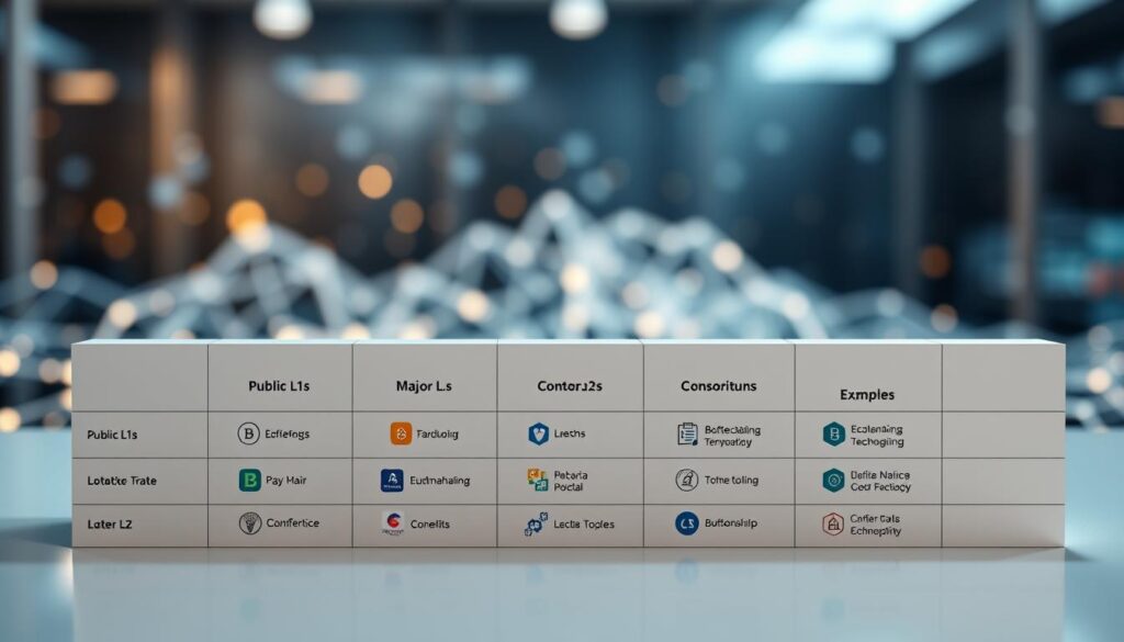 A sophisticated and informative image of an "enterprise blockchain examples table." In the foreground, a clean and organized table showcasing various blockchain types, with sections clearly delineated for public L1s, major L2s, and consortium stacks. Each segment contains stylized icons representing popular blockchain technologies and their logos, arranged in a visually appealing layout. In the middle ground, a blurred background features an abstract digital landscape symbolizing connectivity and technology, with softly glowing binary code. The lighting is bright and modern, highlighting the table while casting gentle shadows. The atmosphere conveys professionalism and innovation, suitable for a business and technology audience. The scene is free from text and additional distractions, focusing solely on the structured information presented visually.