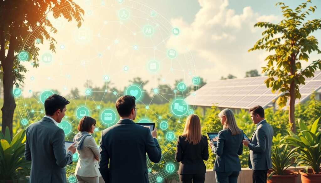 A vibrant, futuristic illustration of a sustainable blockchain provenance tracking ecosystem. In the foreground, a circular digital interface displays interconnected nodes representing various art pieces, their origins, and ownership history, glowing softly in green and blue hues. In the middle ground, a diverse group of professionals in business attire engage in discussion, examining digital tablets showcasing artworks, symbolizing collaboration and transparency. The background features lush greenery and solar panels, integrating nature and renewable energy, representing environmental consciousness. The scene is bathed in warm, natural lighting, creating an optimistic atmosphere. The camera angle is slightly elevated, offering a panoramic view of this innovative and eco-friendly art ecosystem.