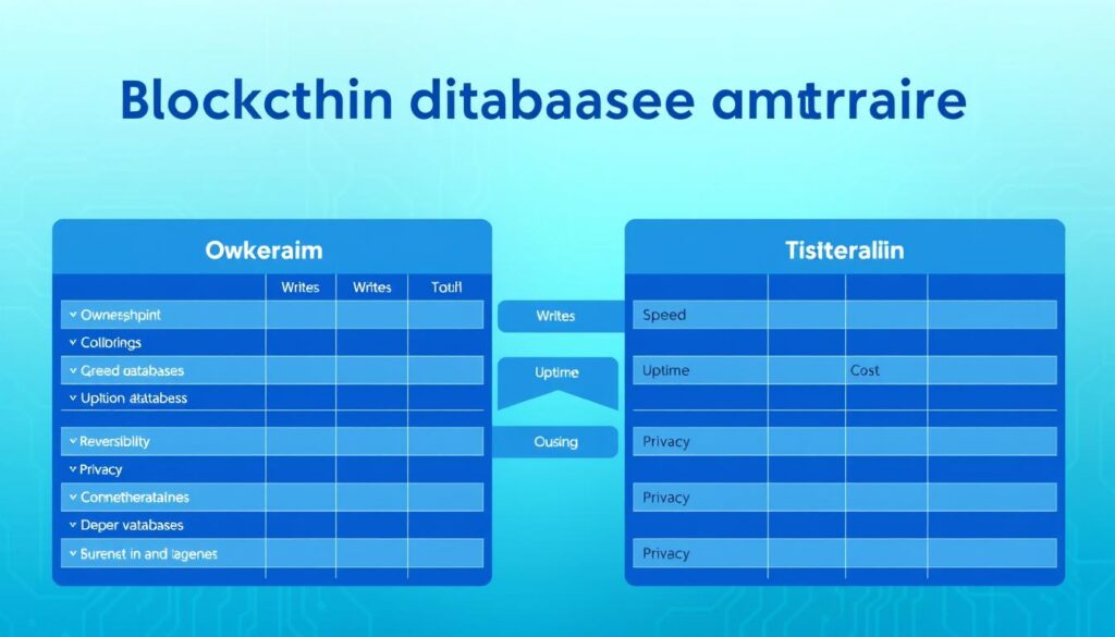 A visually engaging infographic showcasing "blockchain database comparison criteria" in a professional and informative style. In the foreground, feature two distinct tables side by side, one representing blockchain attributes and the other for traditional database characteristics, each highlighted with icons. In the middle, include a balanced layout with criteria labels like ownership, writes, speed, uptime, cost, reversibility, and privacy, using a clean and modern font. The background should be a soft gradient of blue and green, suggesting technology and innovation, with subtle circuit patterns to symbolize digital networks. The lighting should be bright but soft, creating a professional atmosphere, while the perspective is slightly elevated to give a comprehensive view of both tables, ensuring clarity and ease of comparison. A visually engaging infographic showcasing "blockchain database comparison criteria" in a professional and informative style. In the foreground, feature two distinct tables side by side, one representing blockchain attributes and the other for traditional database characteristics, each highlighted with icons. In the middle, include a balanced layout with criteria labels like ownership, writes, speed, uptime, cost, reversibility, and privacy, using a clean and modern font. The background should be a soft gradient of blue and green, suggesting technology and innovation, with subtle circuit patterns to symbolize digital networks. The lighting should be bright but soft, creating a professional atmosphere, while the perspective is slightly elevated to give a comprehensive view of both tables, ensuring clarity and ease of comparison.