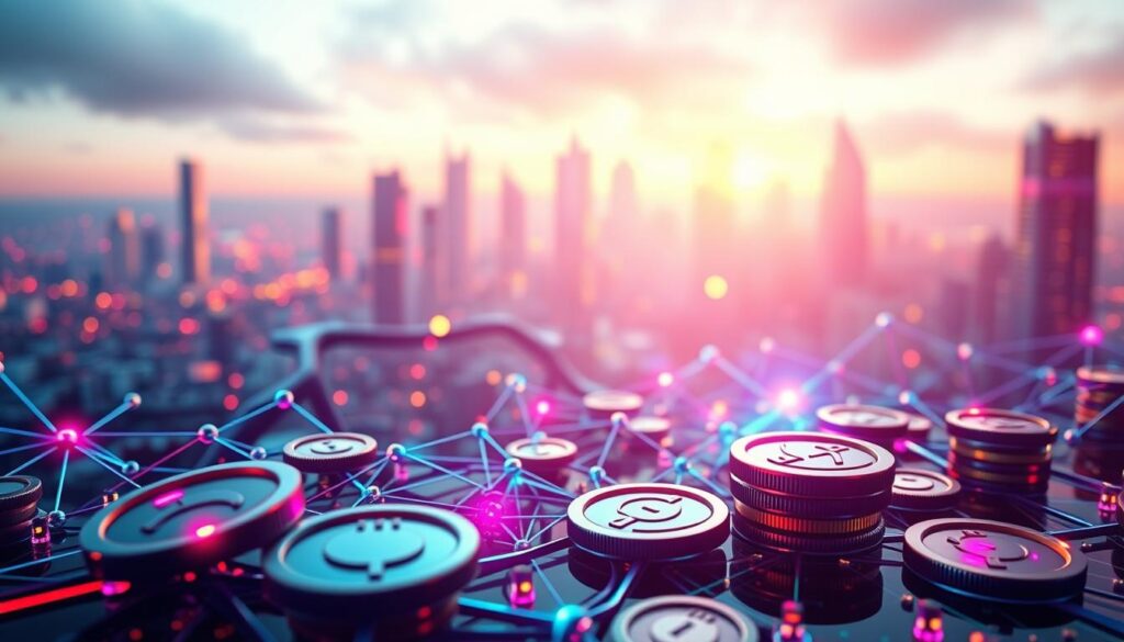 A visually engaging representation of Layer-2 rollups liquidity in a digital ecosystem. In the foreground, depict vibrant, abstract representations of cryptocurrencies—shiny coins and tokens glowing with neon colors, symbolizing liquidity. The midground features interconnected nodes and data streams, illustrating the flow of assets and liquidity within rollup solutions, all in a sleek, futuristic style. In the background, a city skyline made of circuit patterns evokes a high-tech environment, with soft digital gradients suggesting depth and complexity. Use dramatic lighting to create contrasts, highlighting the liquidity aspect with reflective surfaces and illumination that conveys dynamism. The overall mood should feel innovative and forward-thinking, embodying the essence of blockchain technology and its financial applications.