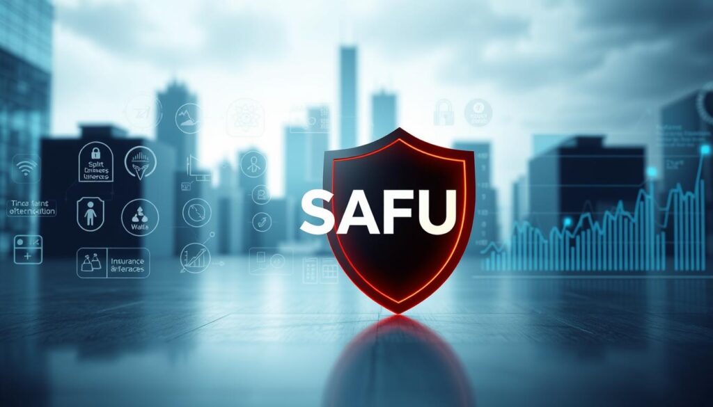 A visually striking scene depicting "SAFU" as a digital shield symbolizing exchange safety, prominently placed in the foreground. The shield is intricately designed with circuitry patterns and glowing elements, representing cybersecurity. In the middle ground, an abstract representation of various safety signals such as licenses, a split between cold and hot wallets, and graphs illustrating incident history and insurance interfaces are interlaced. The background features a modern financial landscape with stylized buildings and data streams illustrating a thriving yet secure trading environment. Soft, ambient lighting creates a professional atmosphere, emphasizing trust and stability, while a shallow depth of field focuses on the SAFU symbol in the foreground. A sense of vigilance and assurance pervades the scene. A visually striking scene depicting "SAFU" as a digital shield symbolizing exchange safety, prominently placed in the foreground. The shield is intricately designed with circuitry patterns and glowing elements, representing cybersecurity. In the middle ground, an abstract representation of various safety signals such as licenses, a split between cold and hot wallets, and graphs illustrating incident history and insurance interfaces are interlaced. The background features a modern financial landscape with stylized buildings and data streams illustrating a thriving yet secure trading environment. Soft, ambient lighting creates a professional atmosphere, emphasizing trust and stability, while a shallow depth of field focuses on the SAFU symbol in the foreground. A sense of vigilance and assurance pervades the scene.