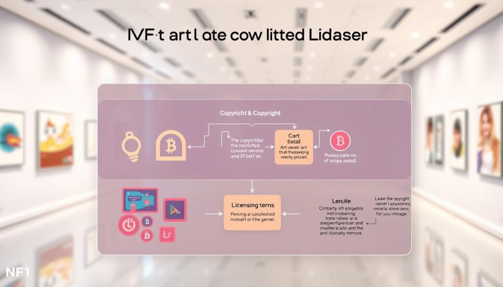 a detailed diagram illustrating "NFT art copyright and licensing" concepts, featuring layers that represent different aspects: the foreground showcasing stylized blockchain symbols and digital art pieces, the middle layer displaying interconnected pathways of copyright and licensing terms with visual cues like arrows and icons, and the background featuring a soft gradient that evokes a digital gallery atmosphere. Use bright yet professional colors to convey clarity and trustworthiness. The lighting should be bright and focused on key elements, mimicking a high-tech digital space. The overall mood should be informative and engaging, emphasizing the significance of metadata and intellectual property in the digital art world, without any text or annotations present. a detailed diagram illustrating "NFT art copyright and licensing" concepts, featuring layers that represent different aspects: the foreground showcasing stylized blockchain symbols and digital art pieces, the middle layer displaying interconnected pathways of copyright and licensing terms with visual cues like arrows and icons, and the background featuring a soft gradient that evokes a digital gallery atmosphere. Use bright yet professional colors to convey clarity and trustworthiness. The lighting should be bright and focused on key elements, mimicking a high-tech digital space. The overall mood should be informative and engaging, emphasizing the significance of metadata and intellectual property in the digital art world, without any text or annotations present.
